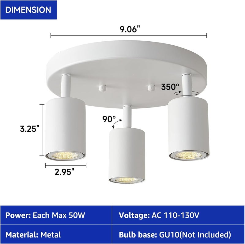 EGM 3 Light Track Lighting, White Round Track Lighting Fixtures, GU10 Flush Mount Directional Ceiling Light for Kitchen, Bedroom, Office, Picture Wall - Image 4